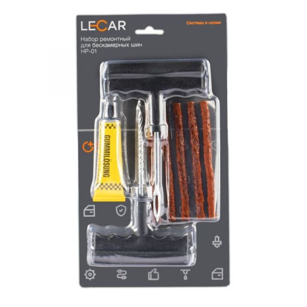 Набор для ремонта бескамерных шин (шило, рашпиль, клей, 5 жгутов) (в упак. LECAR) /LECAR000012806/