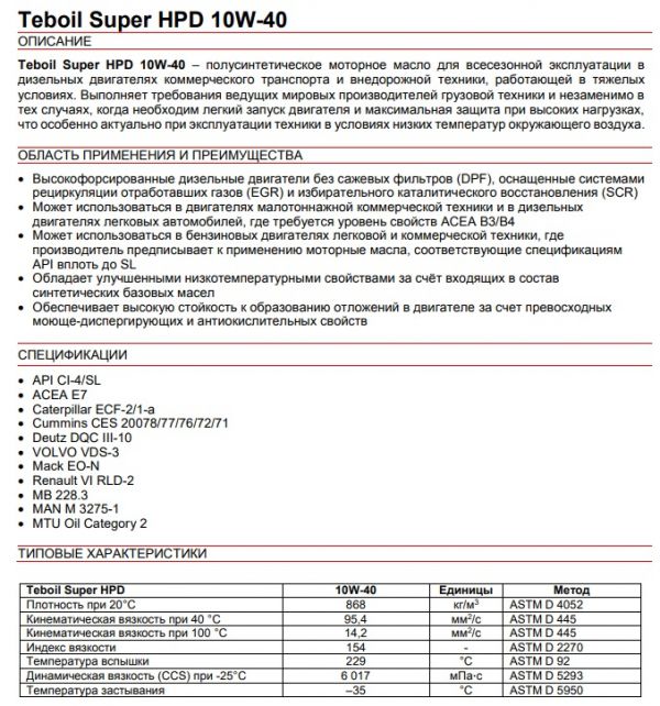 Масло моторное "Teboil" Super HPD 10W40 (20 л) п/синт. для коммерч. техники /3461154/